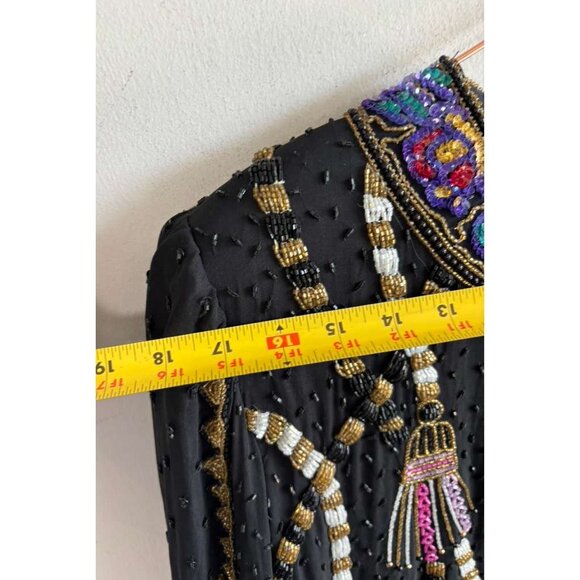 Vintage 80s Lawrence Kazar Womens Black Silk Beaded Sequin Tassel Jacket Size XL - Picture 11 of 16